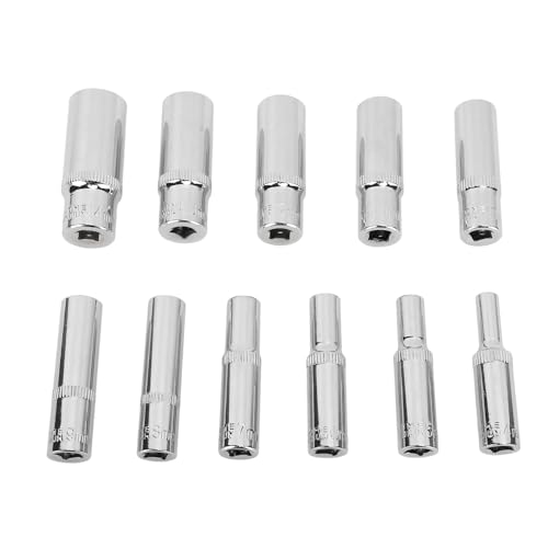 Adfaga Juego de 11 llaves de vaso hexagonales de 1/4 de pulgada, llaves de vaso profundas extendidas de acero al cromo vanadio, kit de herramientas profesionales de 6 puntos para m