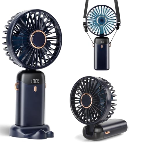 Image of Portable Handheld Fan, 12 hours, Upgrade 3200mAh Portable Fan with LED Display, 90 Foldable, 5 Speed Wind,Hand Held /Neck /Desk 3 in 1 Personal Small Fans, Makeup Fans for Women (Dark Blue)