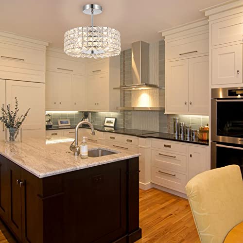 Loclgpm Small Crystal Chandelier 4 Lights Modern Mini Semi Flush Mount Ceiling Light Closet Drum Pendant Light Fixture Lamp,White Zinc Plated Finish, For Bathroom Bedroom Hallway Living Room #TOP4