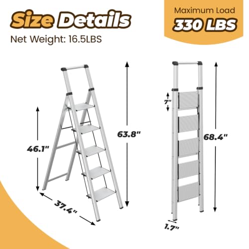 Image of HBTower 5 Step Ladder,Lightweight Aluminum Folding Step Stool with Anti-Slip Wide Pedal,330lbs Capacity Step Ladder for Household,Kitchen,Office - Sliver