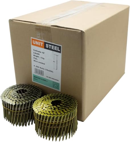 UnitSteel 15° Coilnägel - 2,8X80mm, 4.500 stück, Ringnägel für Druckluft-Nagler, Ring/Blank, für fast alle Marken von Tackern UnitSteel 15° Coilnägel - 2,8X80mm, 4.500 stück, Ringnägel für Druckluft-Nagler, Ring/Blank, für fast alle Marken von Tackern