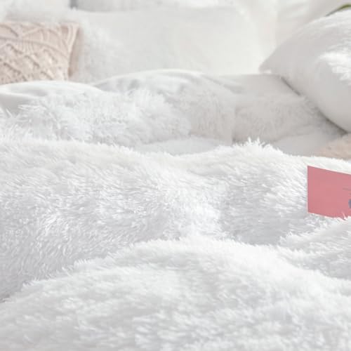 Fluffy Faux Fur White Comforter Cover Queen Set – Plush Fluffy White Bedding 3-Piece Set (1 Duvet Cover + 2 Furry Pillow Shams) Cozy Bed Set