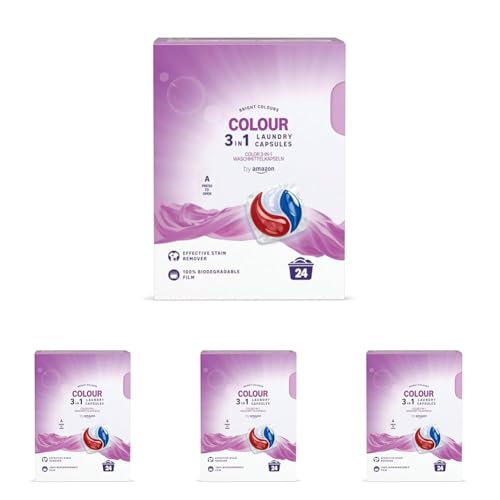 by Amazon Detergente lavadora líquido en cápsulas 3 en 1, color, 24 lavados (Paquete de 4)