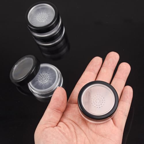 15pcs 10ml/0.34oz Plastic Empty Travel Small Loose Powder Compact Refillable Loose Powder Containers Reusable No Leak Compact with Rotatable Sifter and Black Screw Lid4