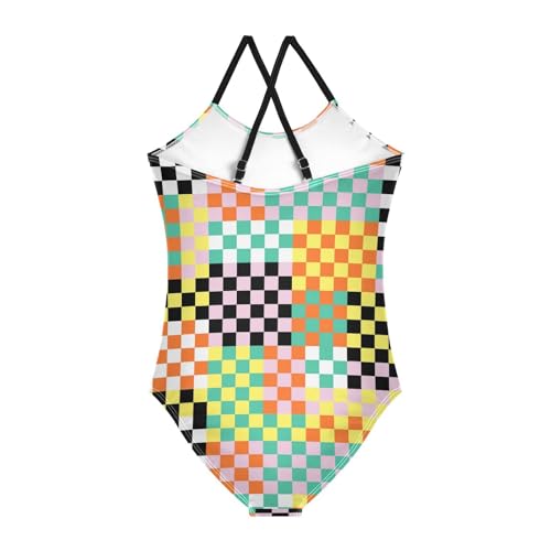 Image of Black and White Chess Girls One Piece Swimsuits Board Marble Tile Sport Halter Swimwear Beach Bathing Suit 3T