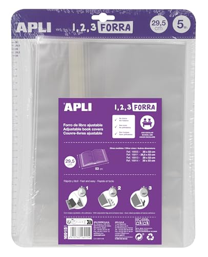 APLI 16915 - Forro de libros con solapa ajustable de polipropileno. Medida 29,5 x 53 cm, 75 µ. Pack de 5 u.