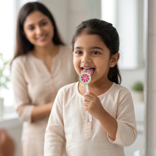 Image of MAXI Lollipop Tongue Cleaner for Kids with Travel Case, BPA Free Plastic Tongue Scraper, Oral Hygiene Cleaner for Bad Breath & Bacteria Removal, Easy Grip Handle Multicolor (Pack of 6)