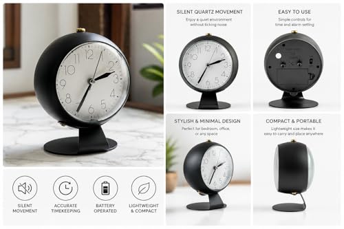 Image of Peakeep Non Ticking Analog Alarm Clock with Night Light, Battery Operated Bedside Table Desk Clock for Bedroom Living Room Office Shelf Travel, Big Black Stand Clock