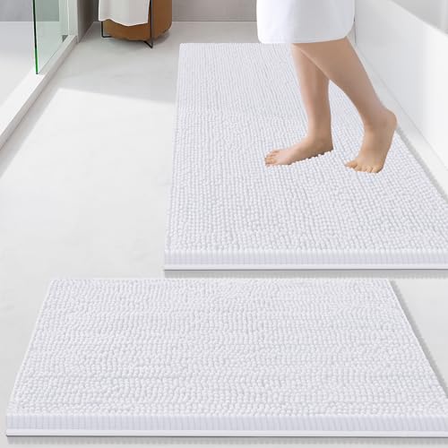 Image of Smiry Bathroom Rugs Sets 2 Piece, Soft Absorbent Chenille Machine Washable Non Slip Shaggy Bath Rug Set for Tub, Shower, and Floor (34x21+24x16, White)