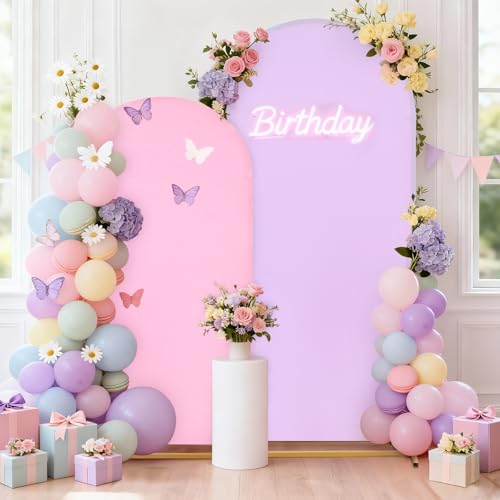 Image of Arch Backdrop Cover Set of 2(6ft /7.2ft) Double Color Wedding Arch Cover Spandex Fitted Arch Covers,Round Top Arch Backdrop Cover for Baby Shower Gender Reveal Boy or Girl Decoration (Pink&Blue)