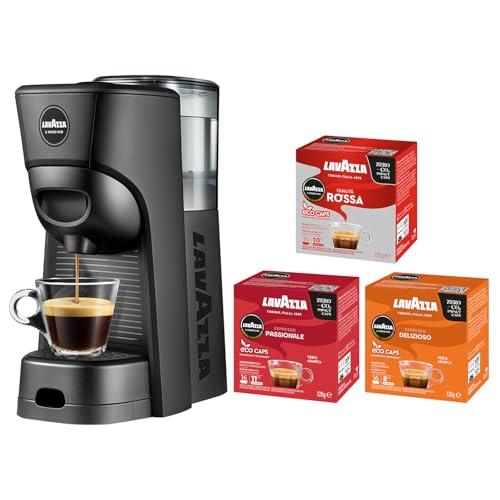 Lavazza, A Modo Mio Tiny Eco, juego de iniciación de máquina de cápsulas de café, compacto, compatible con cápsulas de café A Modo Mio, incluye 3 x 16 cápsulas