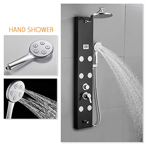 ROVATE Rainfall Shower Panel Tower Modern 304 Stainless Steel, Shower Tower with 9-inch Round Shower, 6 Body Massage jets and Tube Spout, Multi-Function Shower Column with Temperature Dispaly