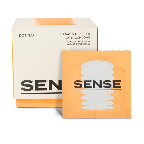 Sense Dotted Latex Condoms for Extra Comfort & Enhanced Sensitivity - Silky Smooth, Lubricated Condoms - Electronically Tested, Non Toxic, Vegan, Hypoallergenic Textured Condom for Men, 12 Pack