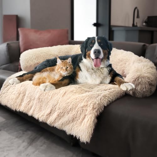Image of Luxurious Calming Dogs /Cats Bed Mats, Dog Pad Washable Removable Couch Cover, Plush Long Fur Mat for Pets, Waterproof Lining, Perfect for Small, Medium and Large Dogs and Cats (Beige, 59 inchx39 inch)