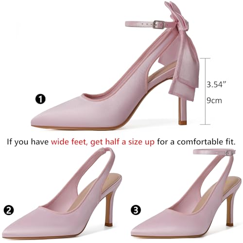 RIBONGZ Heels for Womens Bow Pink Heels with Strappy Wedding Satin Shoes for Bride Closed Pointed Toe Stiletto Slingback Pumps Sexy Ankle Strap Prom Dressy Party Bridesmaid Shoes 72