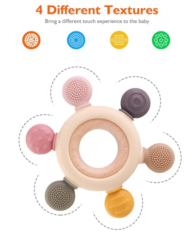 Image of Novo Baby Baby Teether 0-6 Months - Soft Silicone & Wood Toy for Infants | BPA-Free Teething Relief for 3-12 Month Age Group | 3 to 6 Month Baby Toys | Gift for Newborns & Toddlers - Beige
