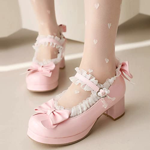 Image of LUXMAX Women Kawaii Mid Block Heel Mary Jane Rockabilly Pumps with Bow Platform Chunky Heel Cute Sweet Shoes