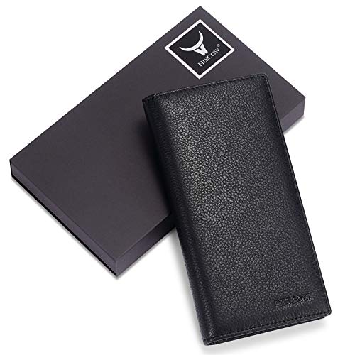 Image of HISCOW Full Grain Leather Men's Long Wallet, 15 Card Slots, Pebbled Black, One Size, Classic | Gusseted bill compartment, tall bifold design, clear ID window, ideal for coat pockets or briefcases, turned-edge, gift box