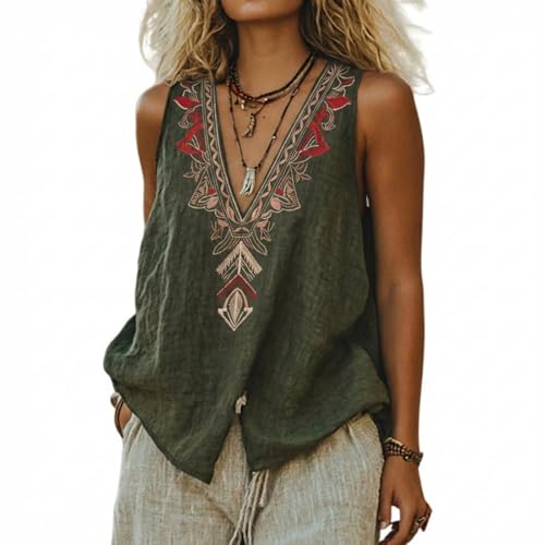 Débardeur Femme Coton Et Lin Col V sans Manches Top Été Brodé Chic Blouse Boheme Tunique Femmes Grande Taille Haut Habillé Vêtement Ample Décontracté...