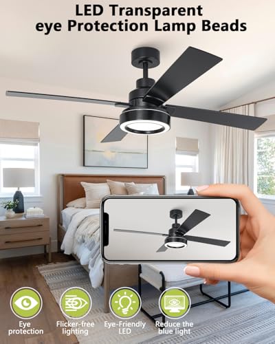 Image of 52 Inch Black Ceiling Fan with Light and Remote, Indoor Outdoor Modern Black Ceiling Fan, 3CCT Dimmable, Reversible Motor, Dual-Sided Blades Ceiling Fans for Bedroom Living Room Patio -Upgraded