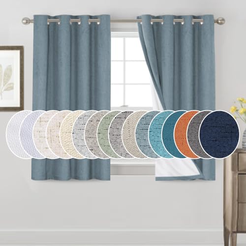 Image of PrinceDeco 100% Blackout Curtains for Bedroom Linen Blackout Curtains 54 Inches Long Room Darkening Burlap Grommet Textured Curtains&Drapes Luxury Decor for Living Room 52x54 Inch, Stone Blue,2 Panels