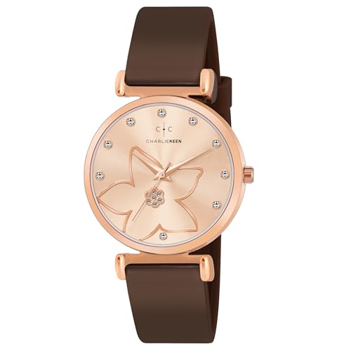 Image of CHARLIEKEEN Women's Watch, Analog Dial with Rose Gold Flower Design, Crystal Accents, Soft Silicone Strap