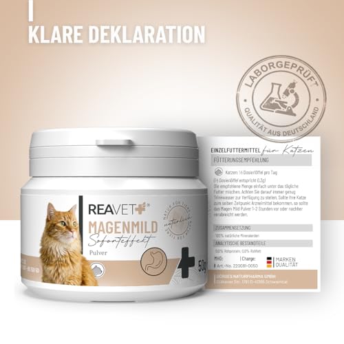 ReaVET Magenmild Pulver für Katzen – Bei empfindlichem Magen, Neigung zu Erbrechen, Würgen, Sodbrennen oder weichem KOT – Magenpulver naturrein mit Bentonit, Heilerde I 50g