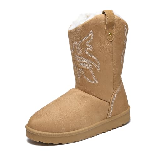 JSWEI Cowboy Boots for Women Mid Calf Cowgirl Boots with Embroidery Shearling Furry Lining Winter Boots Outdoor Bohemian Zipper Type Cozy Camel Size 9