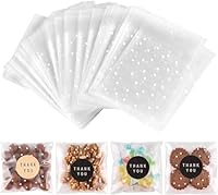 BTSD-home 100 Stück Selbstklebend Zellophantüten Transparent Cellophantüten klein Kekstüten mit 17 Aufklebern für Geburtstag Hochzeit Dankeschön(weiß gepunktet 10x10cm)
