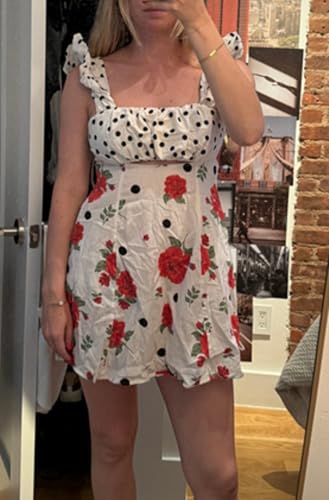 Image of NUFIWI Y2K Ruffle Hem Babydoll Mini Dresses Square Neck Spaghetti Strap Short Dresses Boho Flowy Patchwork Sundress Vocation