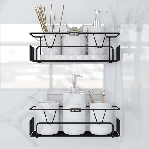 Image of Plantex Bathroom Organiser Without Drill /Shelf for Wall Adhesive Black /GI Steel Shelf for Bathroom with Side Hooks /Washroom Accessories Set - Powder Coated (Pack of 2)