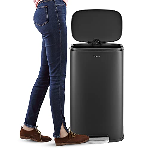 Image of happimess Curtis 8 Gal Step Trash Can Soft Close 25 inch, Charcoal Black | Stainless Steel, Fingerprint Resistant Satin Finish, Removable Liner, Steel Pedal, 20 Trash Bags Included, Kitchen Bin