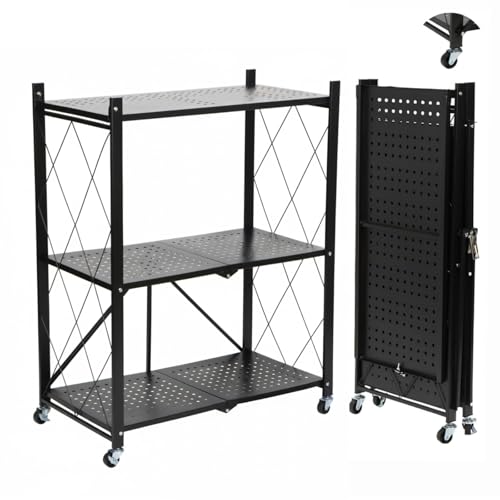 Vividorad キッチンラック【折りたたみ式&組み立て不要】スチールラック 棚 メタルラック 幅70 オープンラック 収納ラック 幅71.5*奥行き39.5*高さ87CM キャスター付き 油汚れを防ぎ 移動自由 大容量 耐荷重に強い 家電/電子レンジ/食器棚 キッチン リビング 洗面所 寝室用 (ブラック, 3段)