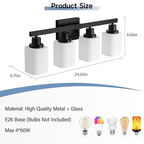 Image of 4-Light Bathroom Vanity Light, Modern Matte Black Bathroom Light Fixtures with Square Frosted Glass, Wall Sconces fixtures Over Mirror Restroom,Living Room Hallway E26