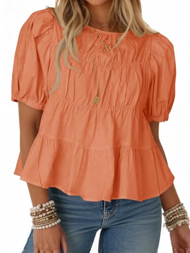 Image of Tankaneo Womens Puff Sleeve Peplum Babydoll Tops Summer Flowy Pleated Cotton T-Shirts Casual Loose Fit Cute Blouse