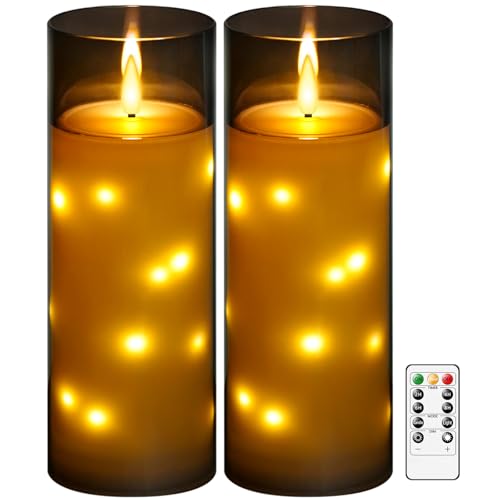 Image of kakoya 11 inch x 4 inch Large Outdoor Waterproof Flameless LED Candles with Remote and Timer,Acrylic Pillar Candles Battery Operated with Embedded Star String for Porch,Patio,Outdoor Decor,Set of 2(Grey)