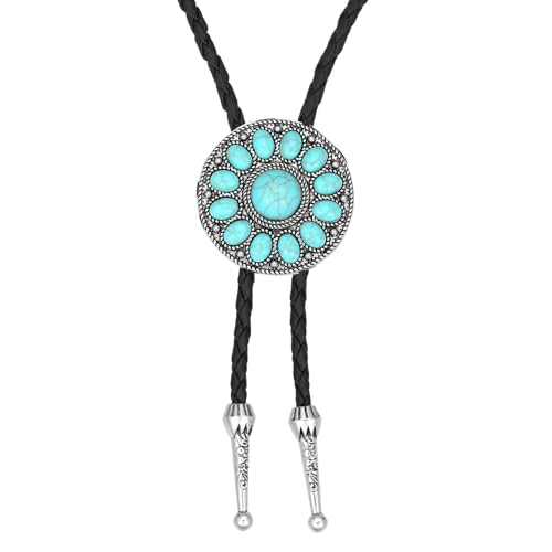 Image of AZORA Western Cowboy Bolo Tie Men Leather Necktie Leather Cord Turquoise Stone Bolo Ties for Men Women