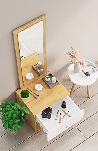 Image of Bniture Wooden Dressing Table for Bedroom with 1 Drawer, Mirror and Huge Storage Space | Long Dresser Vanity Table with Mirror (42D x 60W x 180H CM) (Giant Wood & Frosty White, HXDR105)