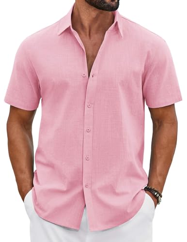 COOFANDY Mens Pure Cotton Shirt Short Sleeve Casual Button Down Shirt Summer Cruise Holiday Shirts Pink