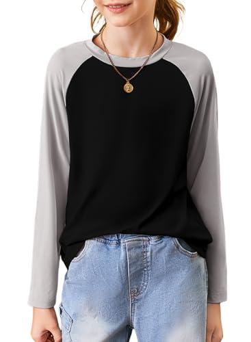 blibean Tween Girls Fall Shirts Tween Kids Girl Long Sleeve Tshirts Cute Color Blocked Tops Fashion Clothes Size 14-15 Years Old A Black