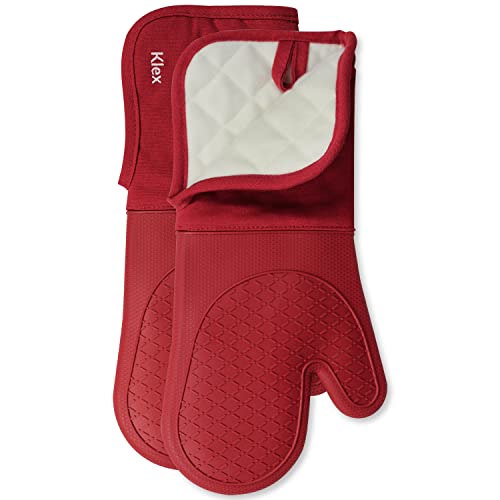 Klex Extra Long Silicone Oven Mitts, 932°F Degrees Heat Resistance with Quilted Cotton Liner Oven Gloves, 2 Piece Set, 15 inch, Red