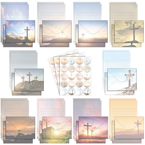 Image of TaoBary 160 Pcs Religious Letter with Cross Stationery Paper and Envelopes | 5.5 x 8.25'' Letter Writing Kit, 50 Double Sided Stationery Writing Papers 50 Matching Envelopes 60 Round Dot Sticker