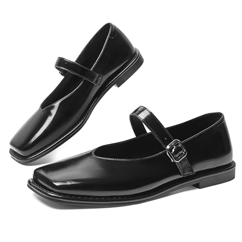 CouieCuies Square Toe Mary Jane Flats for Women Comfortable Adjustable Strap Ballet Flat Business Office Dress Flats