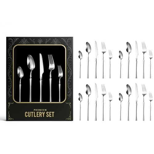 Image of aDai Mirror Finish 20-Piece Korean Vintage Style Flatware Set with Gift Box | Dishwasher Safe Stainless Steel Cutlery for Home, Restaurant & Gifting (Silver)