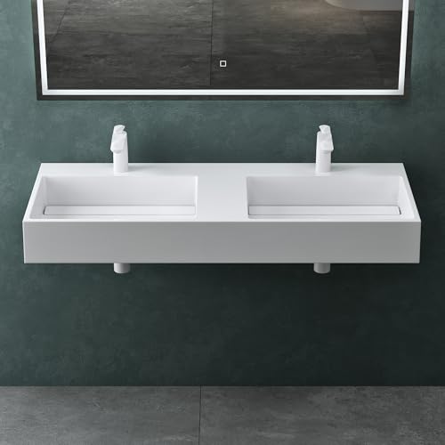 Mai & Mai Double Lavabo Suspendu Blanc 120cm Vasque à Poser Pour 2 Evier Lave Mains Salle de Bain sans Trop-plein Col12-1200-2