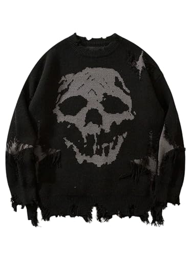 BEAUDRM Men's Skull Graphic Gothic Sweater Y2K Grunge Ripped