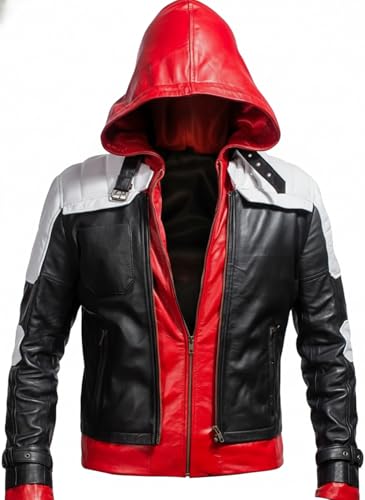 Image of Men's Motorcycle Jacket with Red Hood, Black White Faux Leather (XXL)