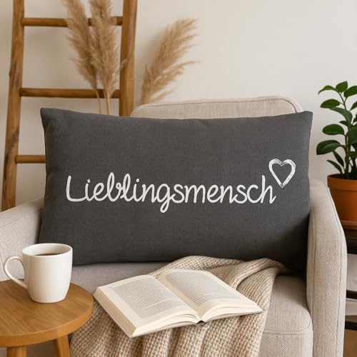 KAMACA Lieblingsmensch Kissen 30x50 cm Flauschig gefülltes Kuschelkissen grau mit Aufschrift und Reißverschluss Geschenk für Partner, Freundin, Kollegen oder Familie Bezug aus 100% Baumwolle (GRAU)