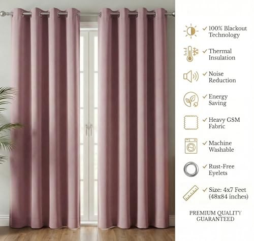 Image of VAS COLLECTIONS 100% Blackout Door Curtains, 7 Feet (121x215 cm) Set of 2, Plain, Thermal Insulated, Room Darkening Curtains for Living Room, Bedroom, (Antic Pink)