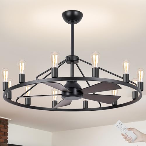 OSGNER 44' Wagon Wheel Chandelier with Fans, Black Farmhouse Ceiling Fan with Light and Remote...